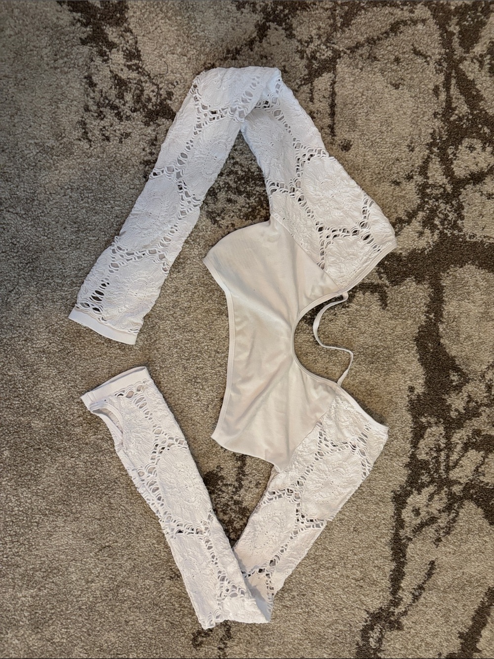 Free People White Lace Cutout Romper with Long Crochet Sleeves